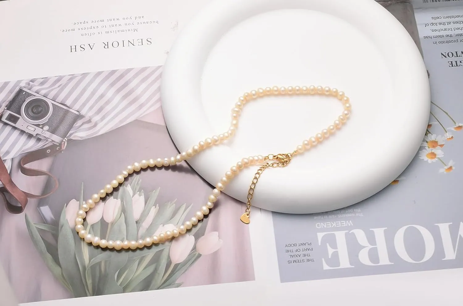 Small Freshwater Rice Pearl Strand 15" Gold Cultured Pearl Necklace for Women Wedding Pearl Choker Handmade Jewelry