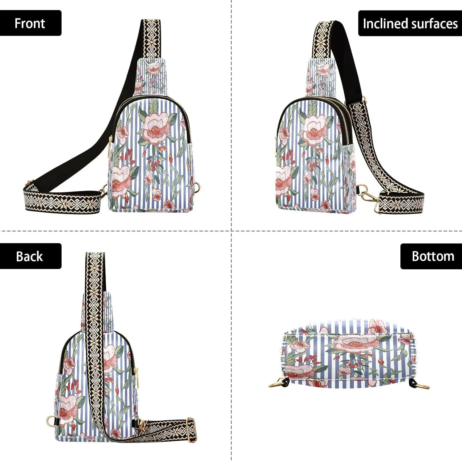 Small Sling Bag for Women Crossbody Embroidery Stitches Flowers Fashion Leather Crossbody Bag for Women Trendy Crossbody Purse Fanny Pack with Adjustable Guitar Strap Outfit
