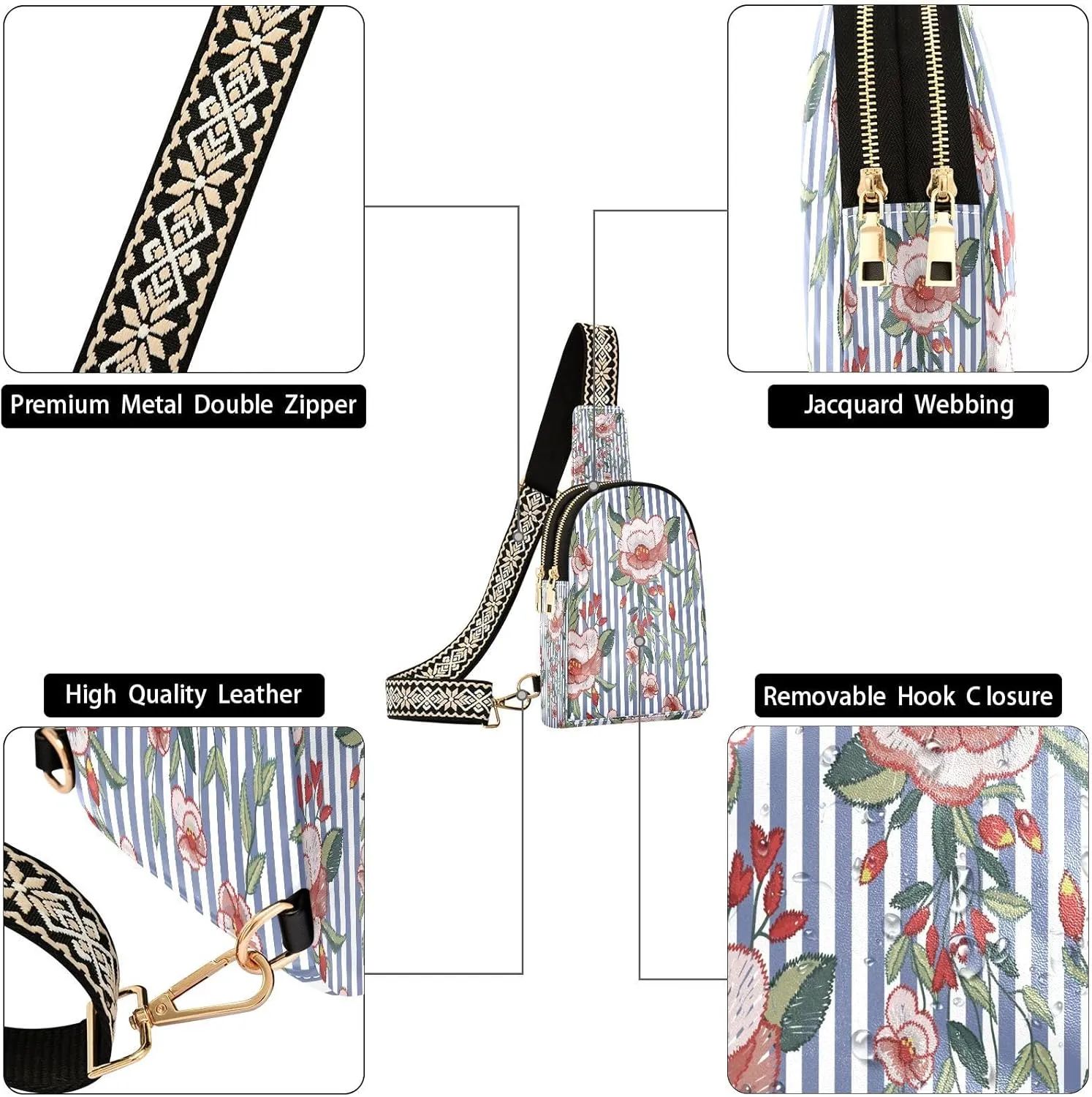 Small Sling Bag for Women Crossbody Embroidery Stitches Flowers Fashion Leather Crossbody Bag for Women Trendy Crossbody Purse Fanny Pack with Adjustable Guitar Strap Outfit