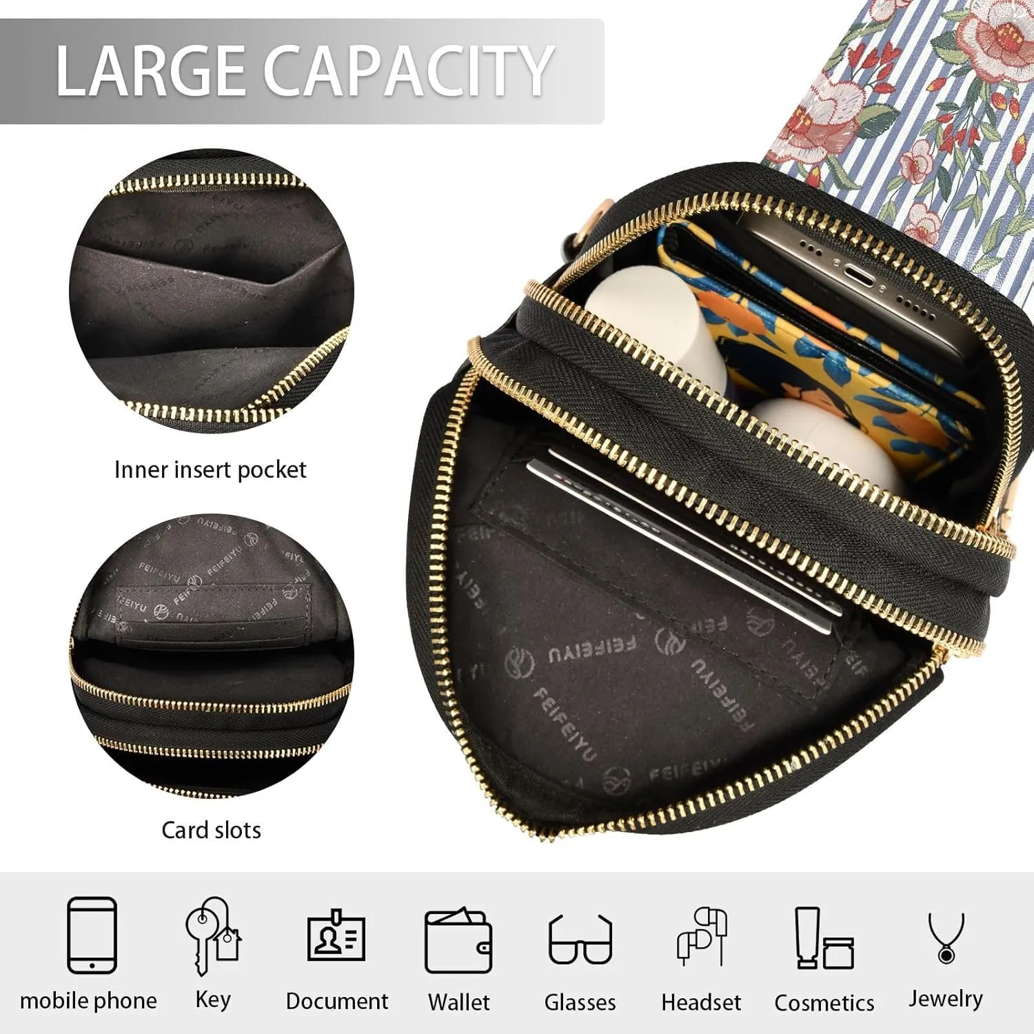 Small Sling Bag for Women Crossbody Embroidery Stitches Flowers Fashion Leather Crossbody Bag for Women Trendy Crossbody Purse Fanny Pack with Adjustable Guitar Strap Outfit
