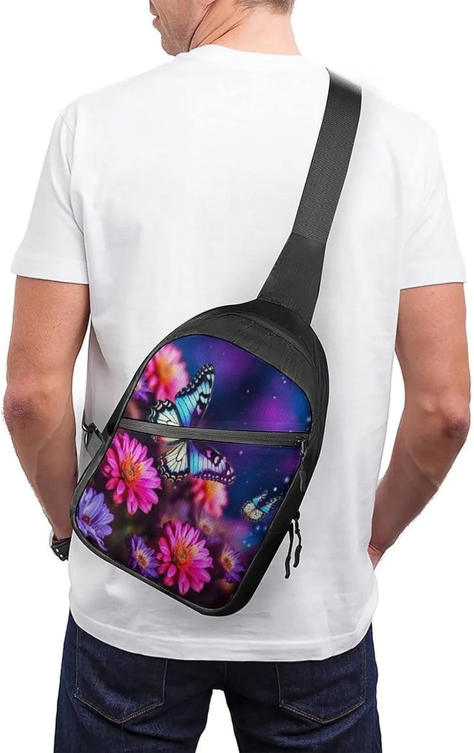 Small Sling Chest Bag Crossbody Bag for Men Women,Butterfly Beautiful Flowers Lightweight Gym Daypack for Travel Cycling Hiking