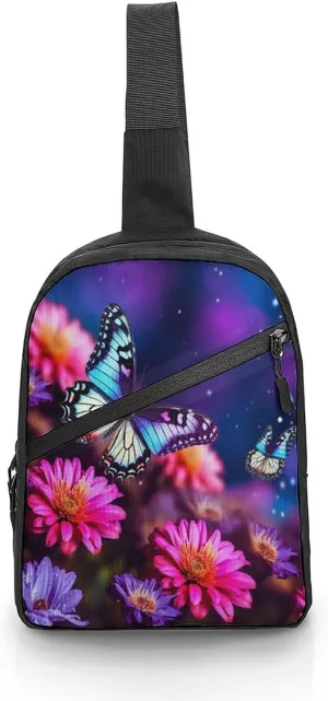 Small Sling Chest Bag Crossbody Bag for Men Women,Butterfly Beautiful Flowers Lightweight Gym Daypack for Travel Cycling Hiking