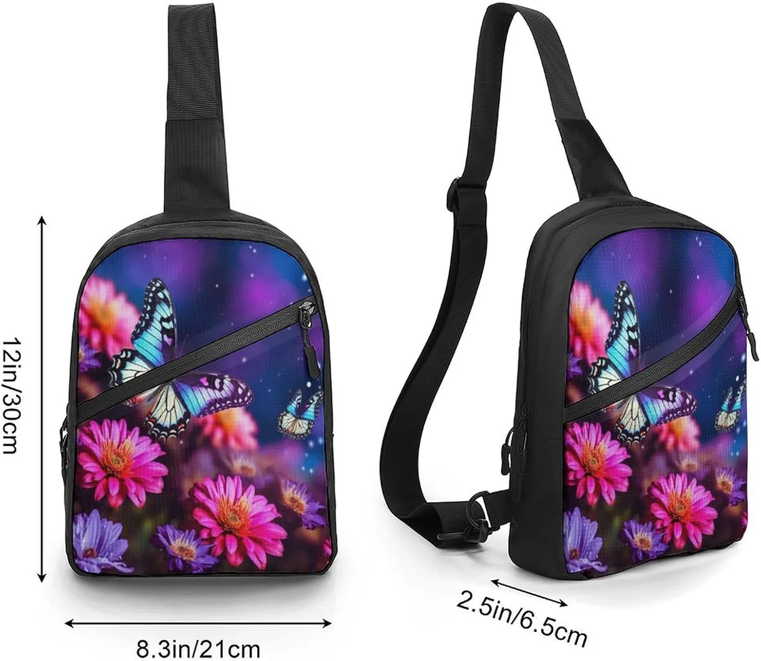 Small Sling Chest Bag Crossbody Bag for Men Women,Butterfly Beautiful Flowers Lightweight Gym Daypack for Travel Cycling Hiking