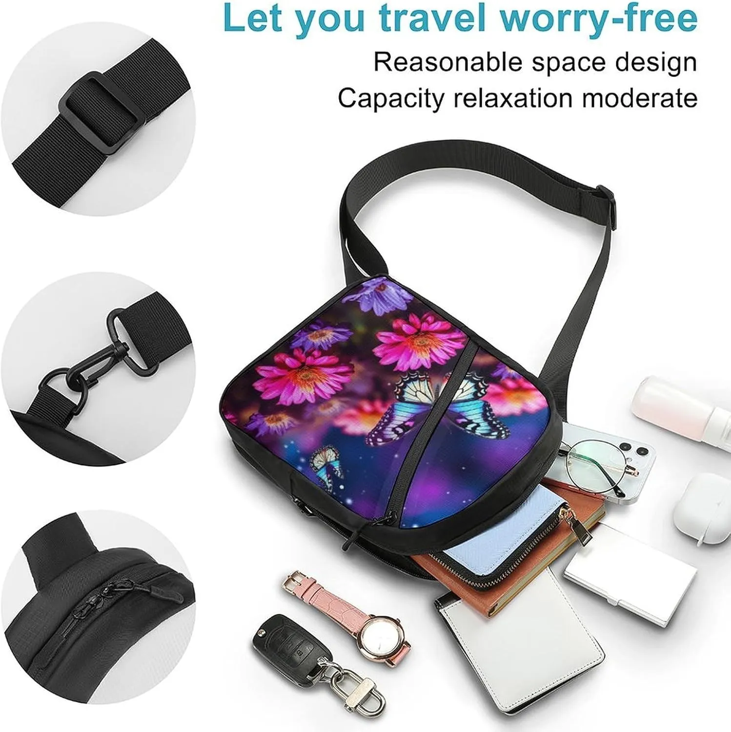 Small Sling Chest Bag Crossbody Bag for Men Women,Butterfly Beautiful Flowers Lightweight Gym Daypack for Travel Cycling Hiking