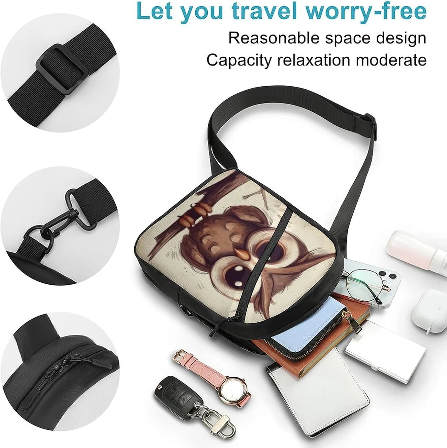 Small Sling Chest Bag Crossbody Bag for Men Women,Cute Owl Lightweight Gym Daypack for Travel Cycling Hiking
