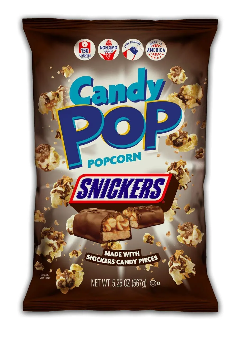 Snack Pop Snickers Candy Coated Popcorn, Made with Real Candy Pieces, Drizzled with Chocolate and Caramel, NON-GMO, 5.25oz