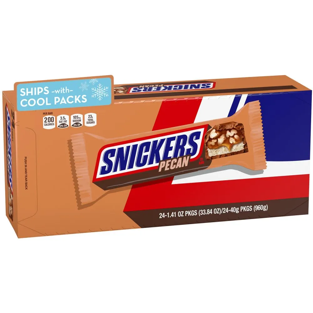 SNICKERS Pecan Milk Chocolate Candy Bar - Full Size Chocolate Candy Bars, Bulk Box Individually Wrapped, 24-Pack