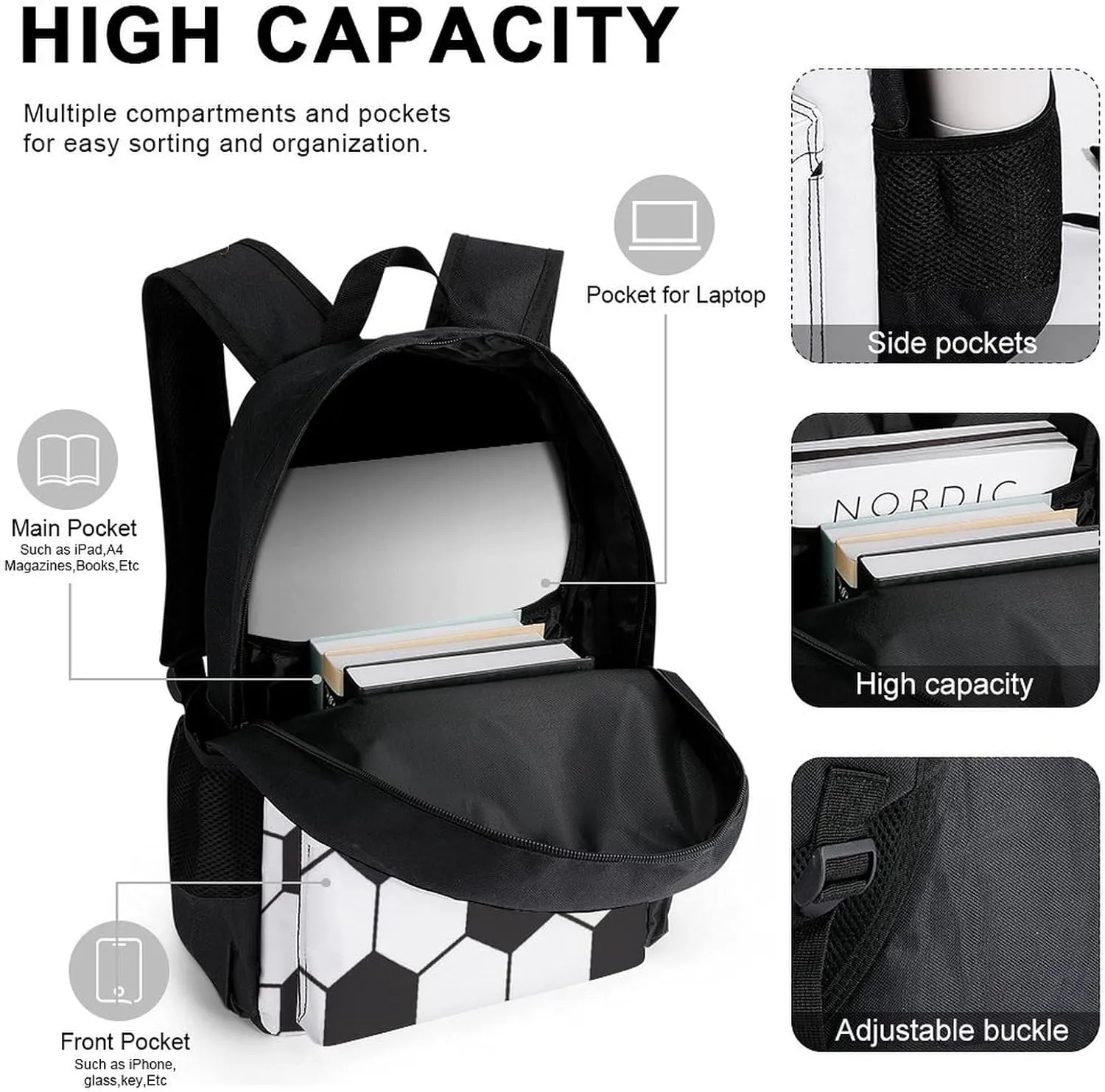 Soccer Ball White And Black Lightweight Pocket Backpack Crossbody Lunch Bag Set Unisex