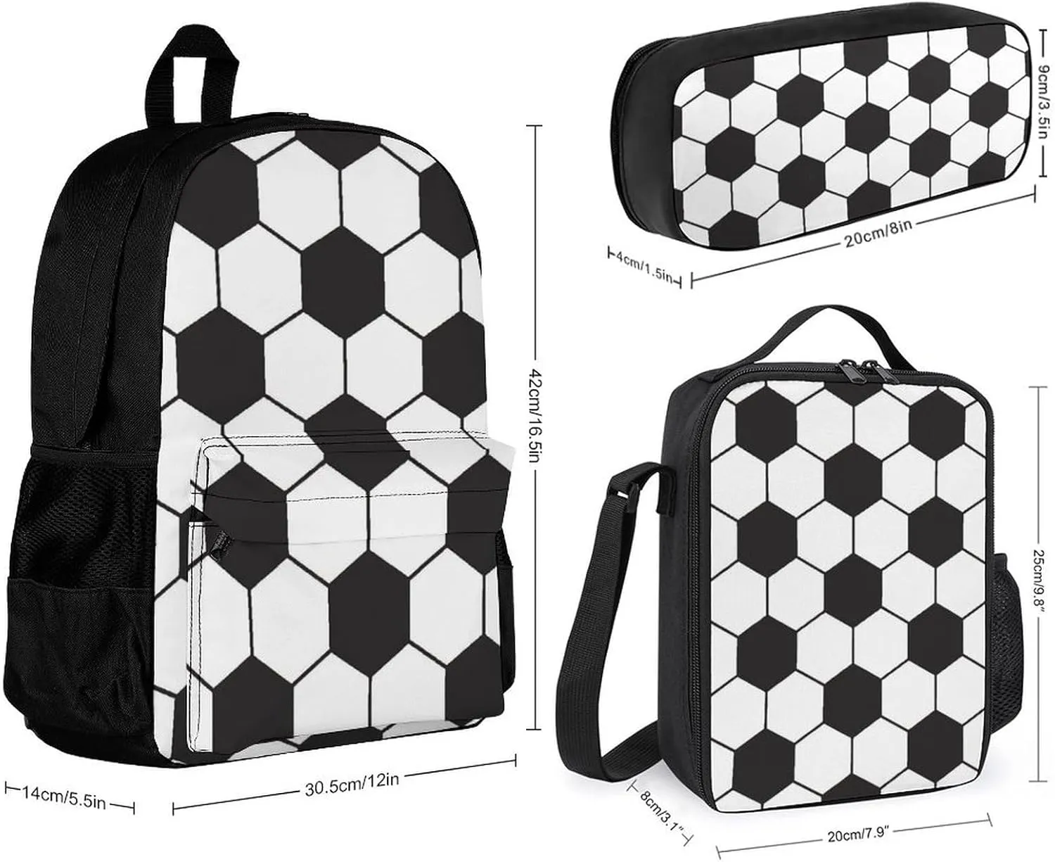 Soccer Ball White And Black Lightweight Pocket Backpack Crossbody Lunch Bag Set Unisex