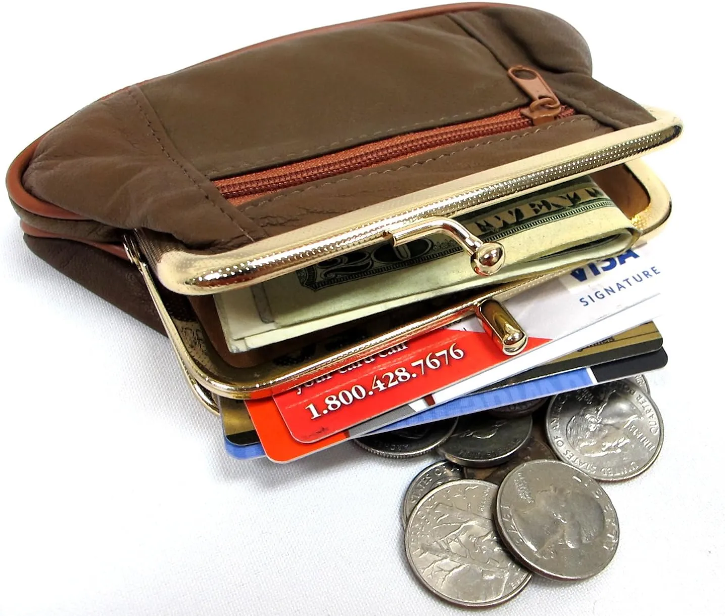 Soft Lambskin Leather Double Snap   Two Zipper Coin Purse 2pc set- BLACK BROWN