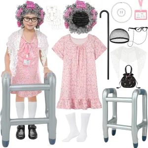 SOMSOC 13 Pcs Old Lady Costume for Kids Girls 100th Day of School Grandma Costume Granny Dress with Shawl Wig for Cosplay