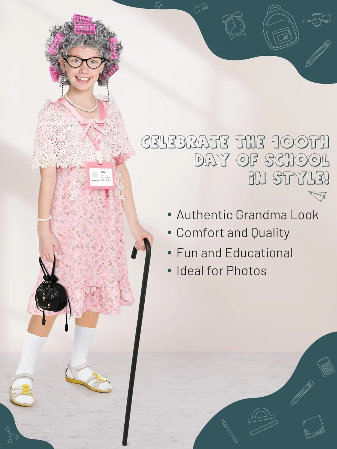 SOMSOC 13 Pcs Old Lady Costume for Kids Girls 100th Day of School Grandma Costume Granny Dress with Shawl Wig for Cosplay