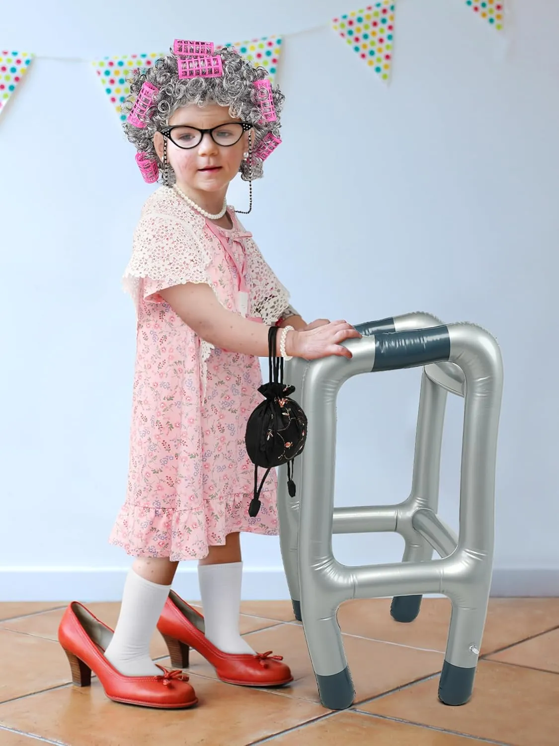 SOMSOC 13 Pcs Old Lady Costume for Kids Girls 100th Day of School Grandma Costume Granny Dress with Shawl Wig for Cosplay