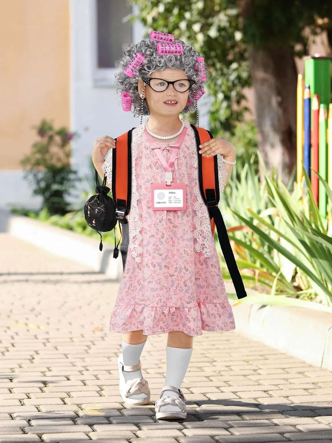 SOMSOC 13 Pcs Old Lady Costume for Kids Girls 100th Day of School Grandma Costume Granny Dress with Shawl Wig for Cosplay