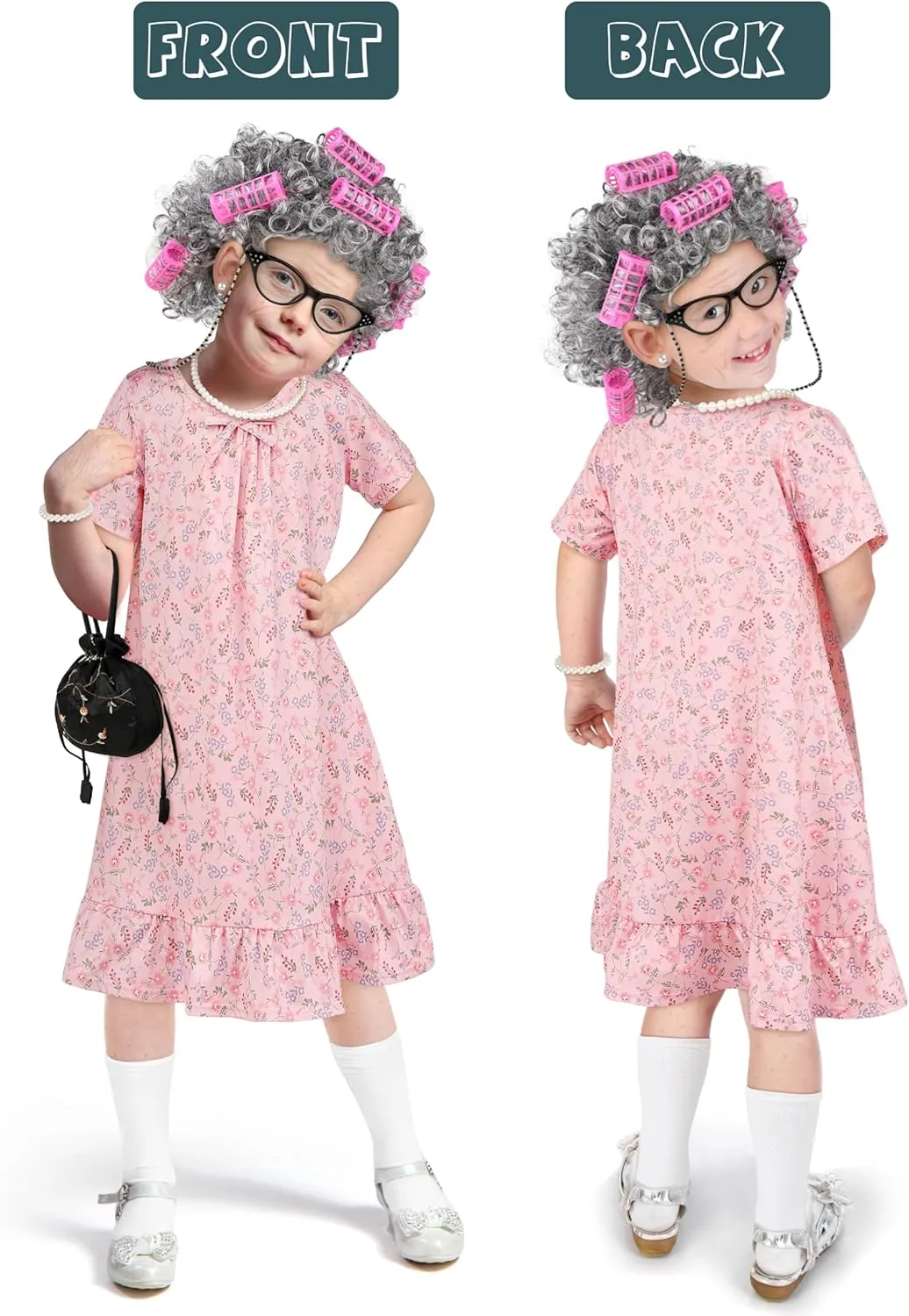 SOMSOC 13 Pcs Old Lady Costume for Kids Girls 100th Day of School Grandma Costume Granny Dress with Shawl Wig for Cosplay