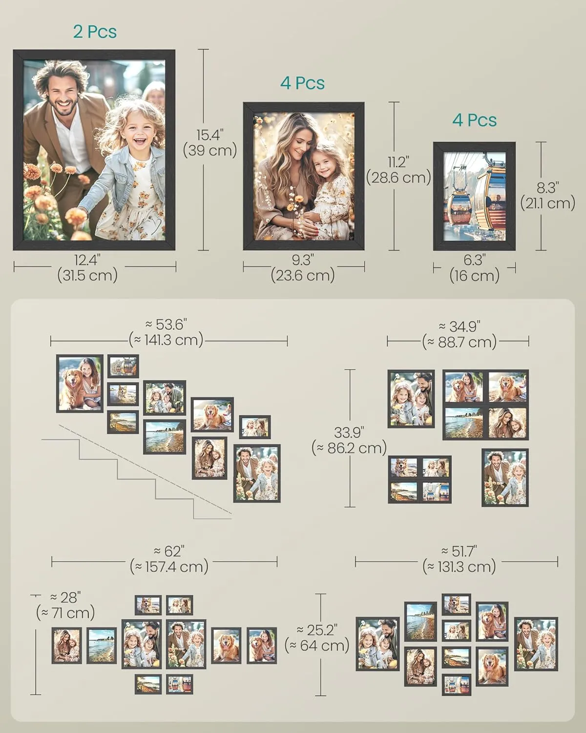 SONGMICS Picture Frames, Collage Picture Frames Set of 10, Two 11x14, Four 8x10, Four 5x7, Photo Frame for Wall Gallery Decor, Table Display, Glass, Ink Black