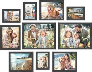 SONGMICS Picture Frames, Collage Picture Frames Set of 10, Two 11x14, Four 8x10, Four 5x7, Photo Frame for Wall Gallery Decor, Table Display, Glass, Ink Black