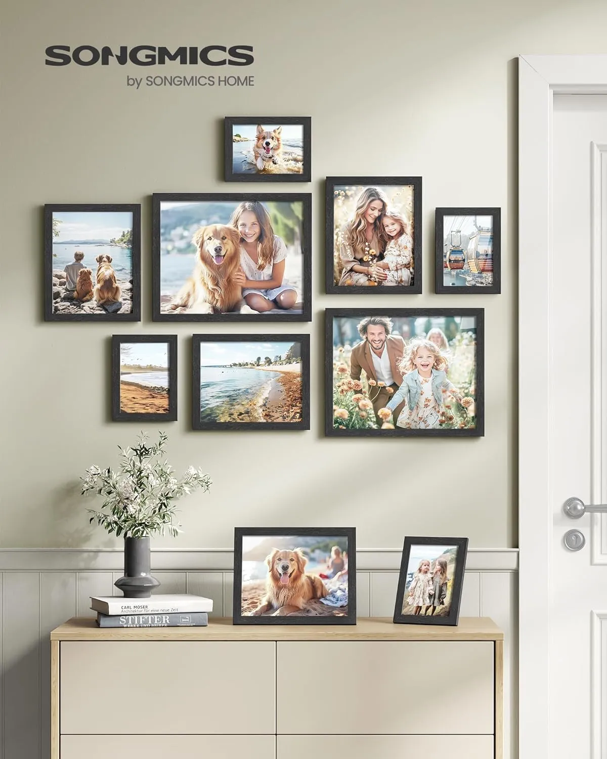 SONGMICS Picture Frames, Collage Picture Frames Set of 10, Two 11x14, Four 8x10, Four 5x7, Photo Frame for Wall Gallery Decor, Table Display, Glass, Ink Black