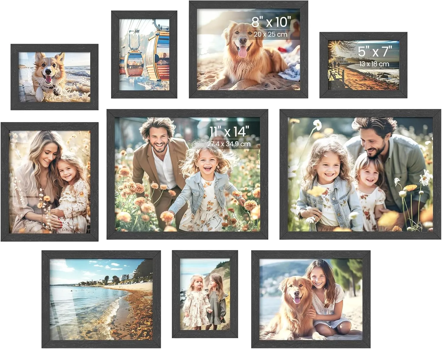 SONGMICS Picture Frames, Collage Picture Frames Set of 10, Two 11x14, Four 8x10, Four 5x7, Photo Frame for Wall Gallery Decor, Table Display, Glass, Ink Black
