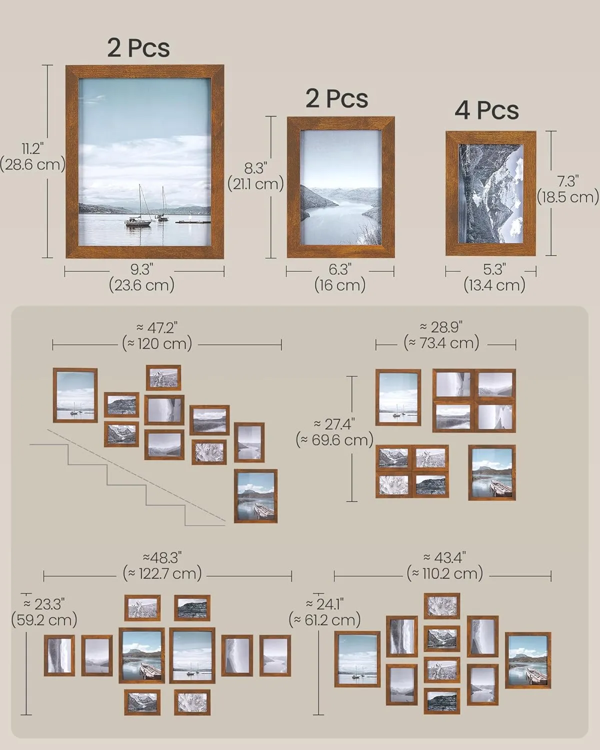 SONGMICS Picture Frames, Collage Picture Frames Set of 10, Two 8x10, Four 5x7, Four 4x6, Photo Frame for Wall Gallery Decor, Table Display, Glass, Rustic Brown