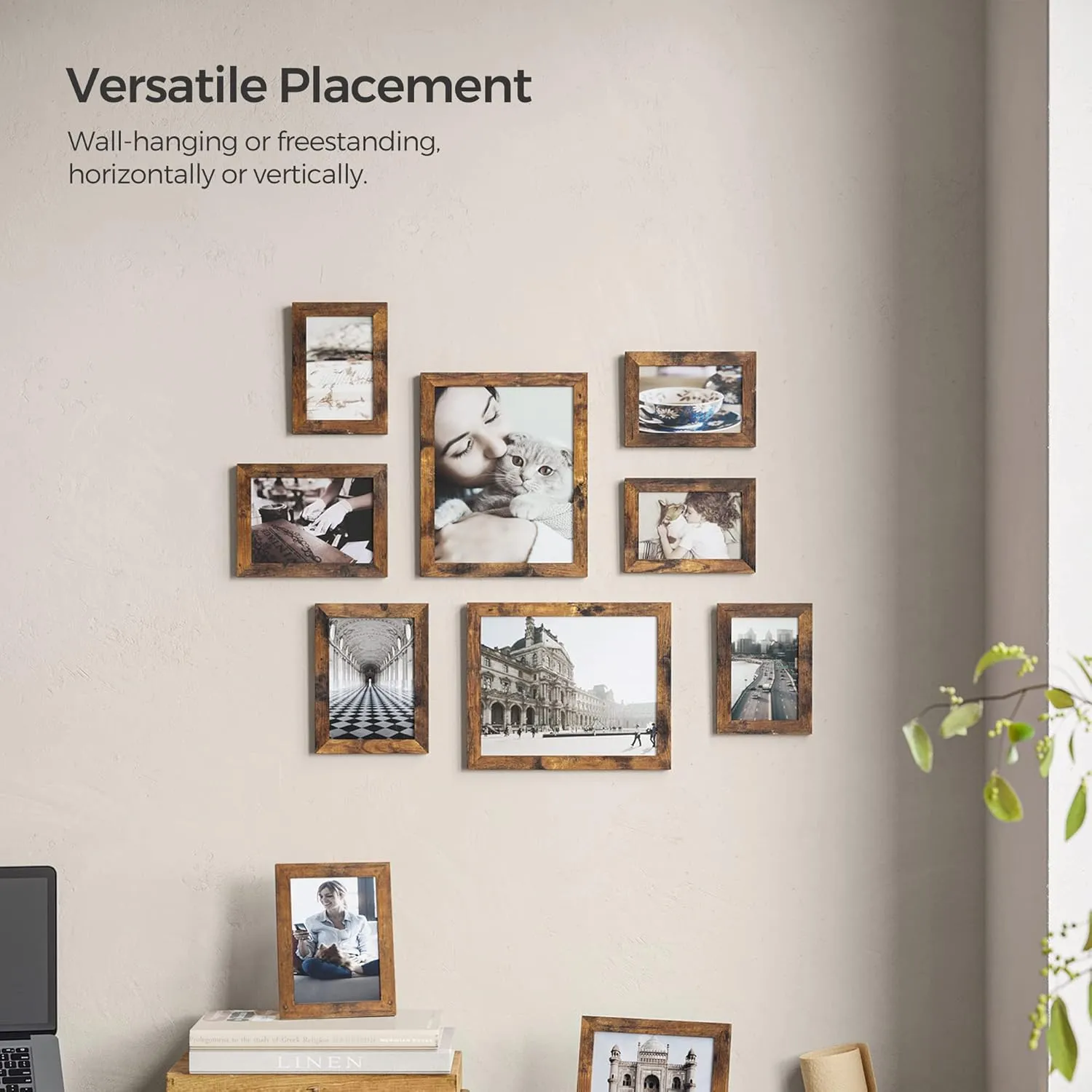 SONGMICS Picture Frames, Collage Picture Frames Set of 10, Two 8x10, Four 5x7, Four 4x6, Photo Frame for Wall Gallery Decor, Table Display, Glass, Rustic Brown
