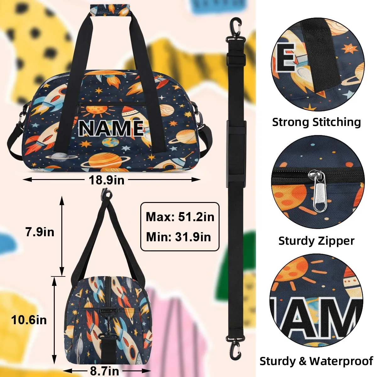 Space Rockets Mini Gym Bag 18 inch for Women Men Waterproof Custom Planets Rocket Travel Duffel Bag Carry On Overnight Tote Nurse Bag for Work Fitness Hiking