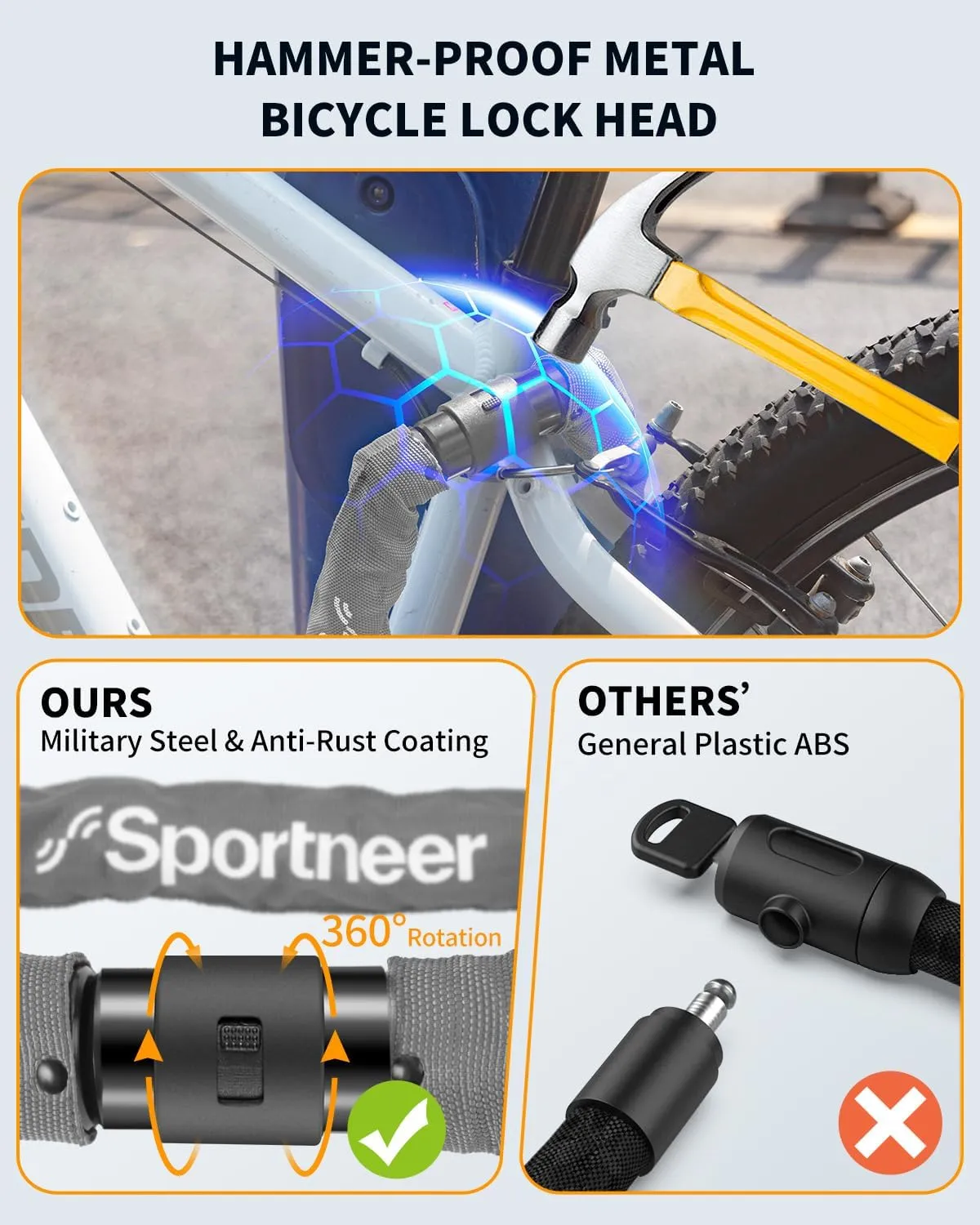 Sportneer Bike Lock: 8mm Thick High Security Anti Theft Bike Chain Lock with 2 Keys- 3.2/4ft Long Heavy Duty Anti-Cut Bicycle Lock for Bike, Motorcycle, Bicycle, Door, Gate, Fence, Grill