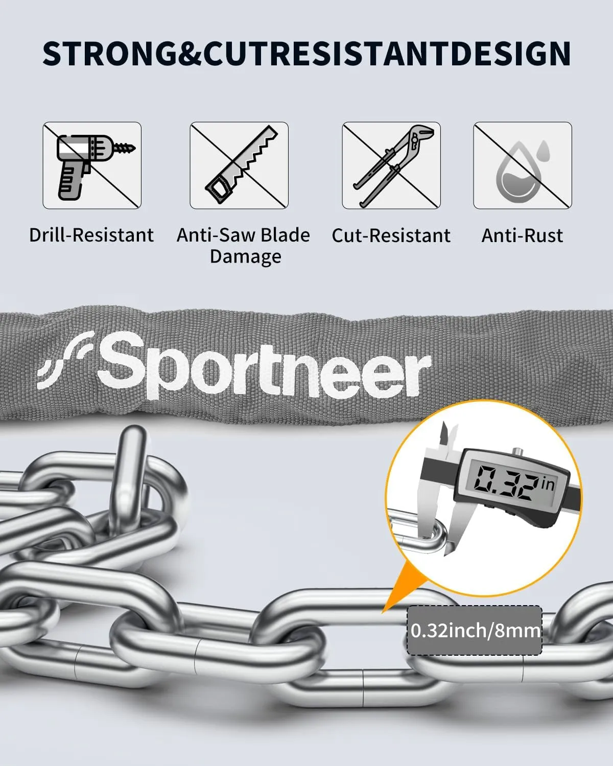 Sportneer Bike Lock: 8mm Thick High Security Anti Theft Bike Chain Lock with 2 Keys- 3.2/4ft Long Heavy Duty Anti-Cut Bicycle Lock for Bike, Motorcycle, Bicycle, Door, Gate, Fence, Grill