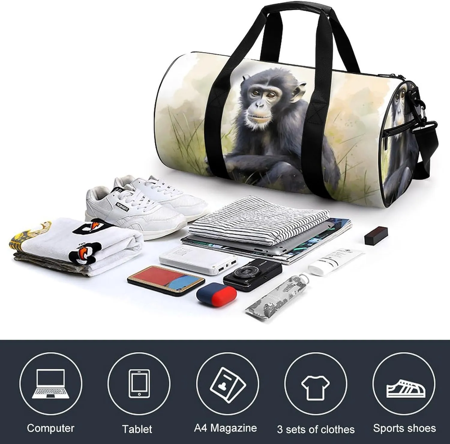 Sports Gym Bag for Women Men Travel Duffel Bag Hand Drawn Chimpanzee Weekender Bag Canvas Carry on Overnight Bag for Travel Swimming Fitness Workout Sports Duffle Bag