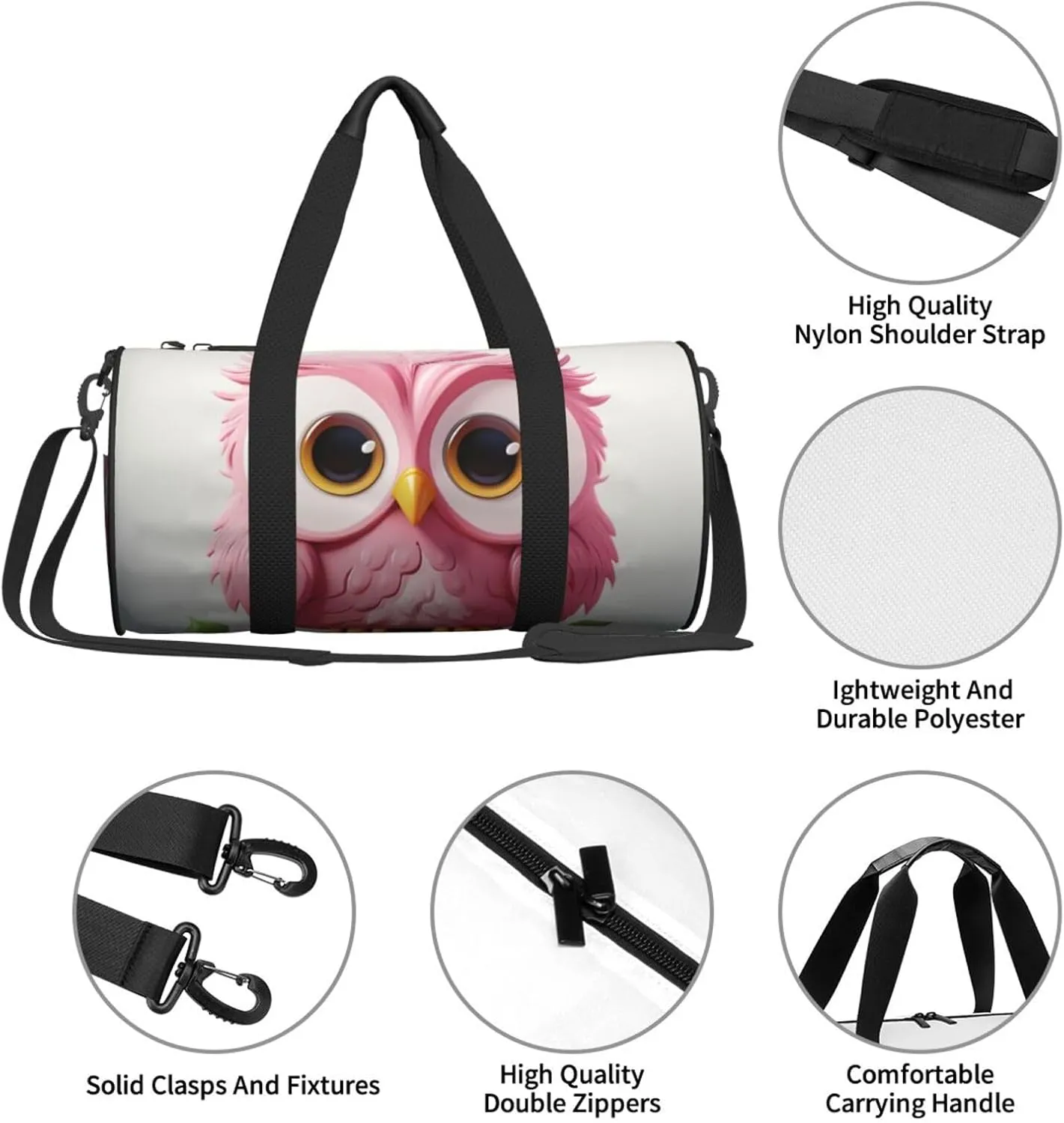 Sports Gym Bag for Women Men Travel Duffel Bag Tote Weekender Bag Carry on Overnight Bag for Travel Swimming Fitness Workout Sports A pink Owl Duffle Bag