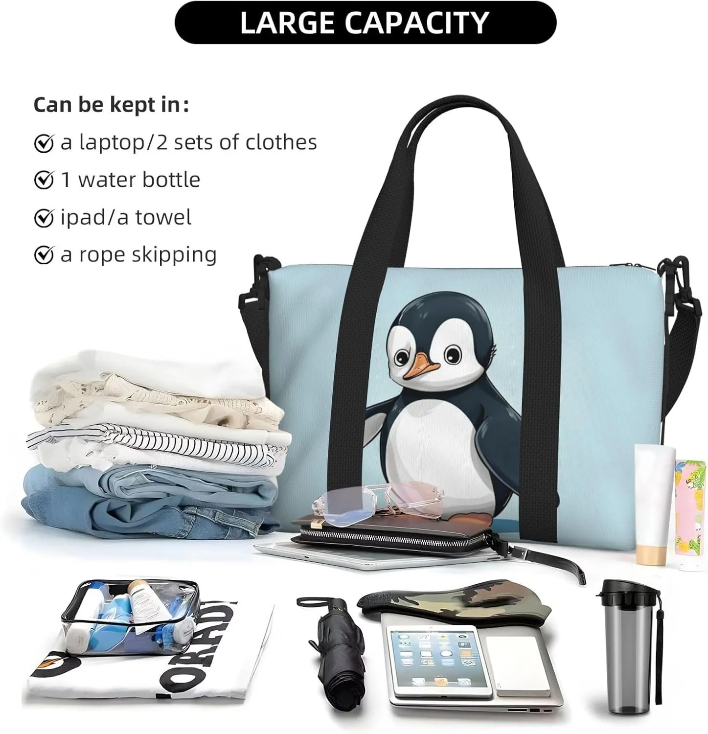 Sports Gym Bag for Women Men Travel Duffel Bag Tote Weekender Bag Carry on Overnight Bag for Travel Swimming Fitness Workout Sports Cute Penguin Duffle Bag