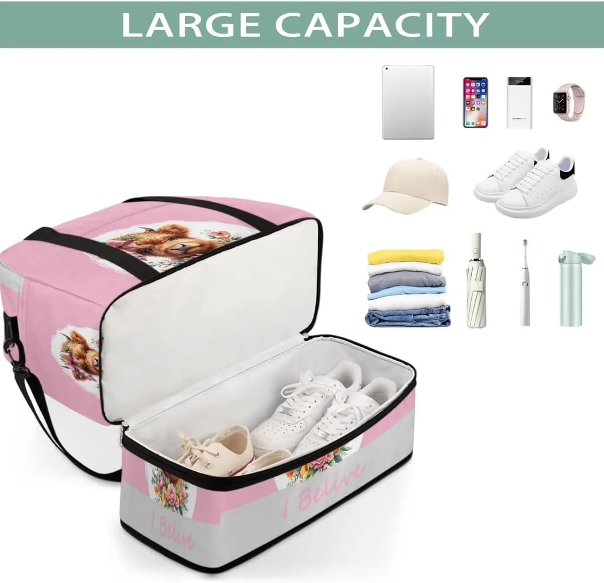 Sports Gym Bag Pink Animal Alpine Cow Large Travel Duffel Bag With Shoe Compartment Foldable Waterproof Carry-On Weekend Travel Bags for Camping Overnight Yoga Hospital Travel Bags