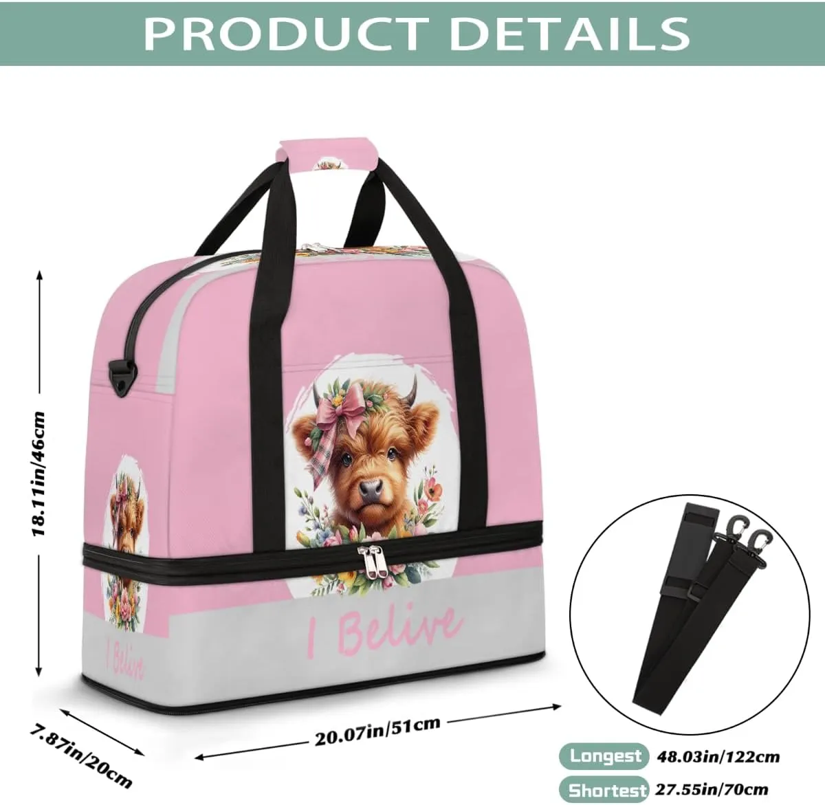 Sports Gym Bag Pink Animal Alpine Cow Large Travel Duffel Bag With Shoe Compartment Foldable Waterproof Carry-On Weekend Travel Bags for Camping Overnight Yoga Hospital Travel Bags