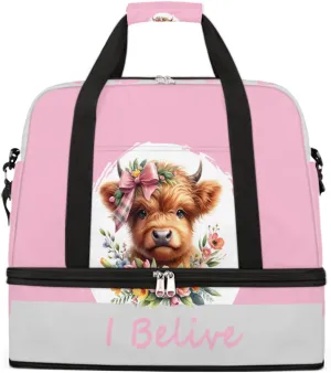 Sports Gym Bag Pink Animal Alpine Cow Large Travel Duffel Bag With Shoe Compartment Foldable Waterproof Carry-On Weekend Travel Bags for Camping Overnight Yoga Hospital Travel Bags