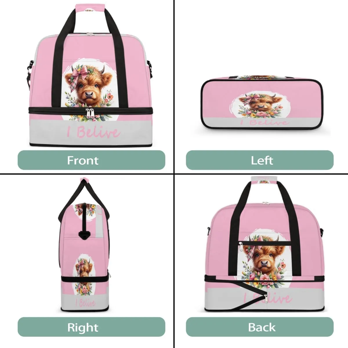 Sports Gym Bag Pink Animal Alpine Cow Large Travel Duffel Bag With Shoe Compartment Foldable Waterproof Carry-On Weekend Travel Bags for Camping Overnight Yoga Hospital Travel Bags