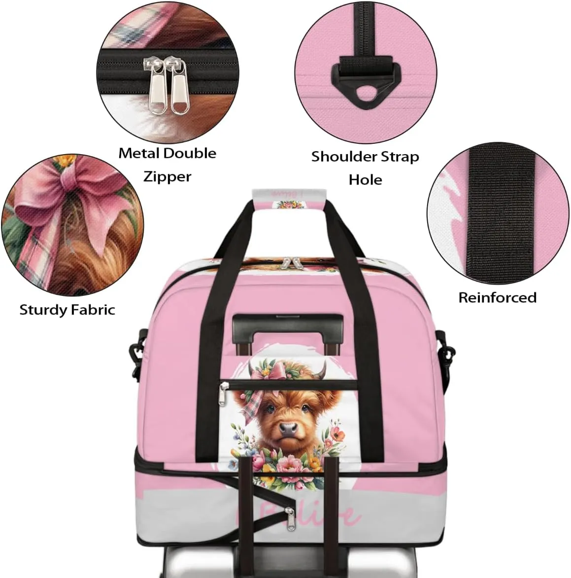 Sports Gym Bag Pink Animal Alpine Cow Large Travel Duffel Bag With Shoe Compartment Foldable Waterproof Carry-On Weekend Travel Bags for Camping Overnight Yoga Hospital Travel Bags