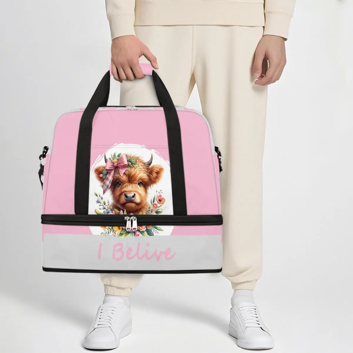 Sports Gym Bag Pink Animal Alpine Cow Large Travel Duffel Bag With Shoe Compartment Foldable Waterproof Carry-On Weekend Travel Bags for Camping Overnight Yoga Hospital Travel Bags
