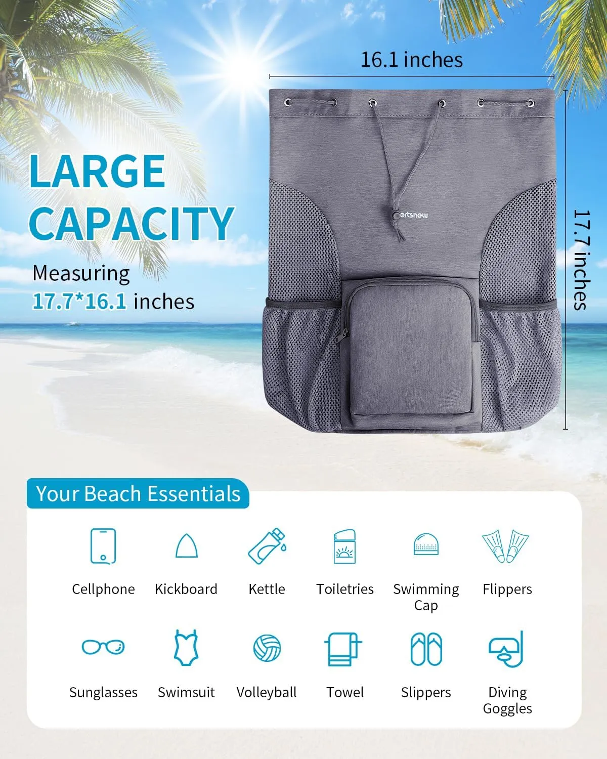 sportsnew Swim Bag Mesh Beach Drawstring Backpack with Wet Pocket, Drawstring Bag for Swimming, Gym, Pool, Workout Gear, Beach Volleyball Backpack for Women Men