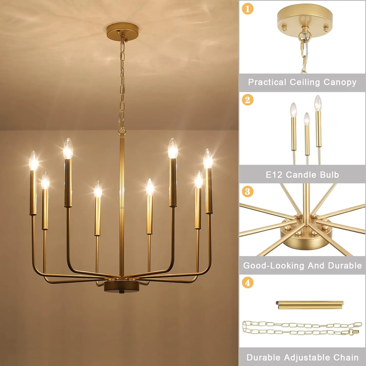 Spray Gold Chandelier 8 Lights Modern Farmhouse Chandelier Dining Room Light Fixture Rustic Industrial Candle Chandeliers Pendant Light for Foyer Entryway Kitchen Living Room
