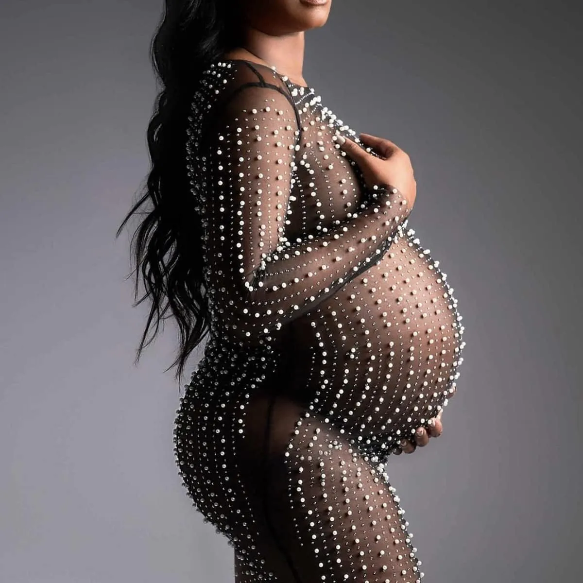 Springcmy Sexy Women Sheer Mesh See Through Pearl Rhinestone Beach Maternity Dress Swimwear Bikini Bathing Suit Coverup