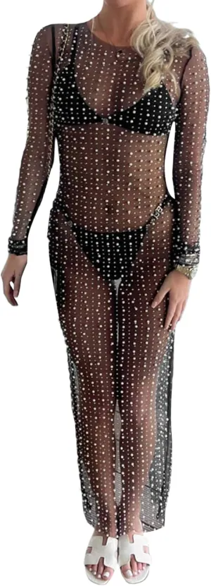 Springcmy Sexy Women Sheer Mesh See Through Pearl Rhinestone Beach Maternity Dress Swimwear Bikini Bathing Suit Coverup