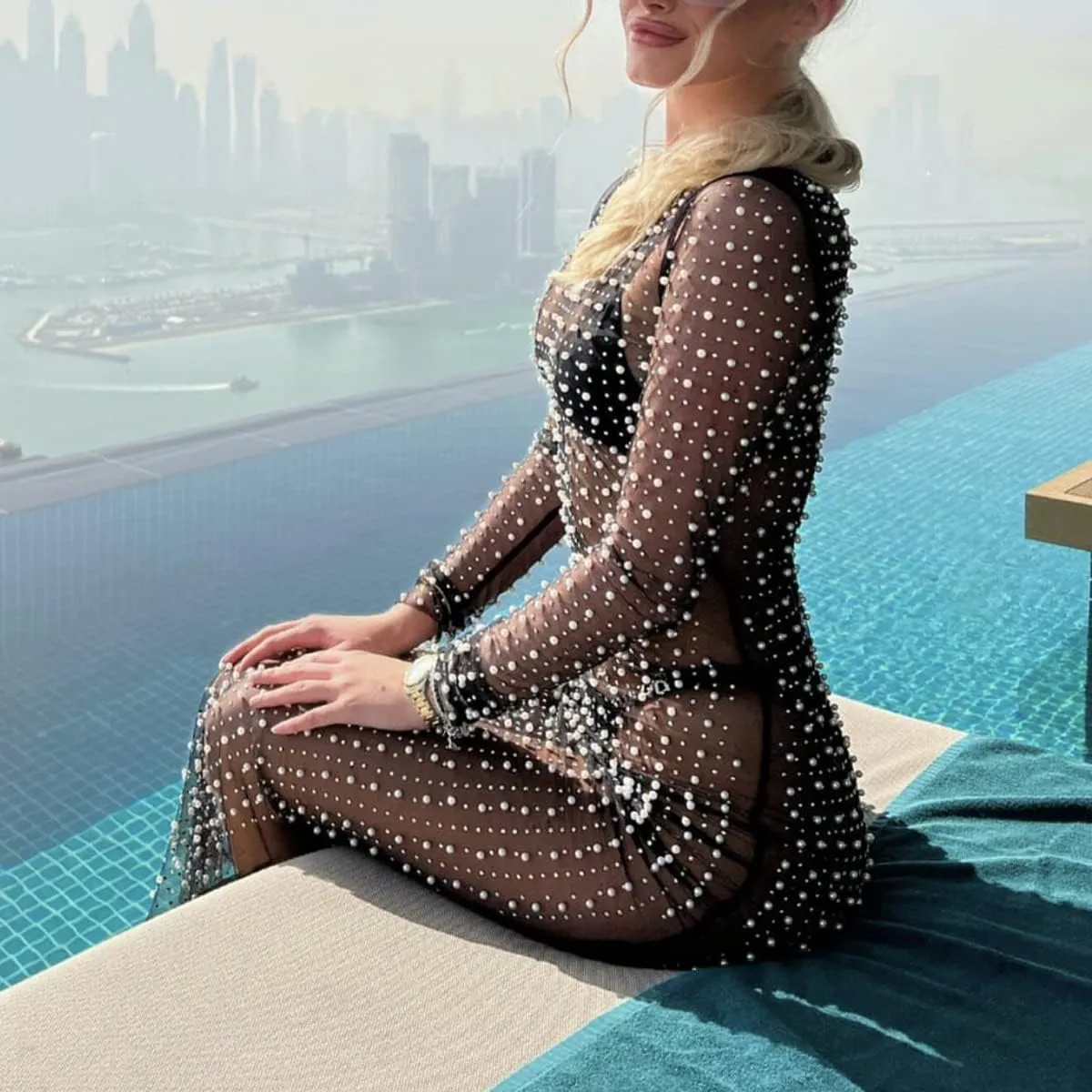 Springcmy Sexy Women Sheer Mesh See Through Pearl Rhinestone Beach Maternity Dress Swimwear Bikini Bathing Suit Coverup