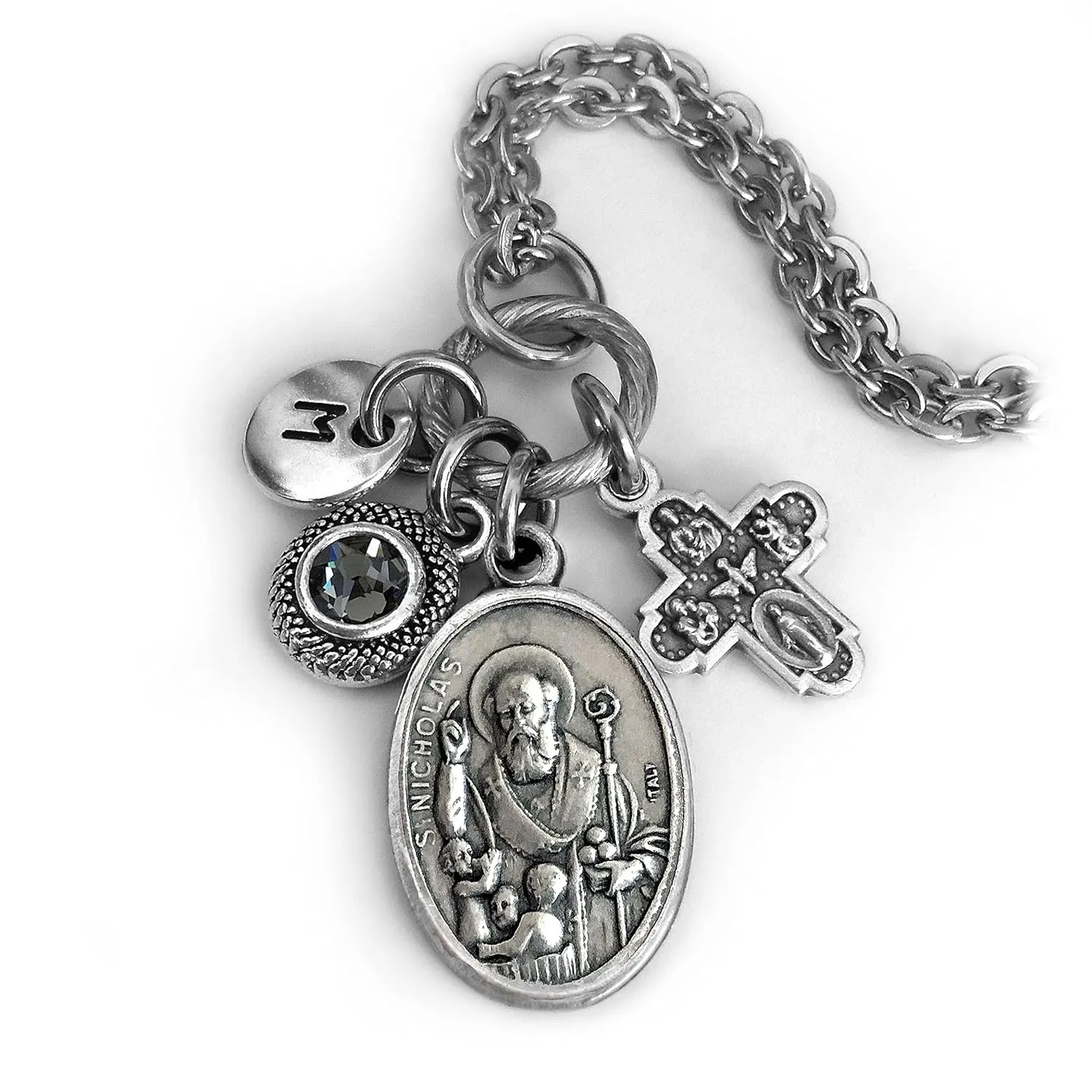 St. Nicholas Necklace, Keychain or Clip, Patron Saint Confirmation Gift, Crystal Pendant and Initial Charm