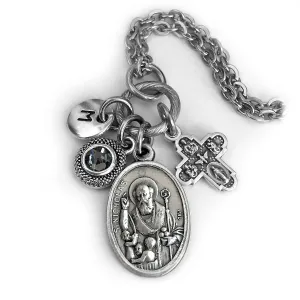 St. Nicholas Necklace, Keychain or Clip, Patron Saint Confirmation Gift, Crystal Pendant and Initial Charm