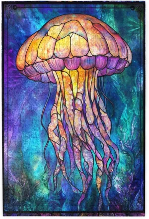 Stained Glass Jelly Fish Jigsaw Puzzle 1000 Piece,20x30 Inches Wooden Picture Jigsaw Puzzles for Adult Family Game