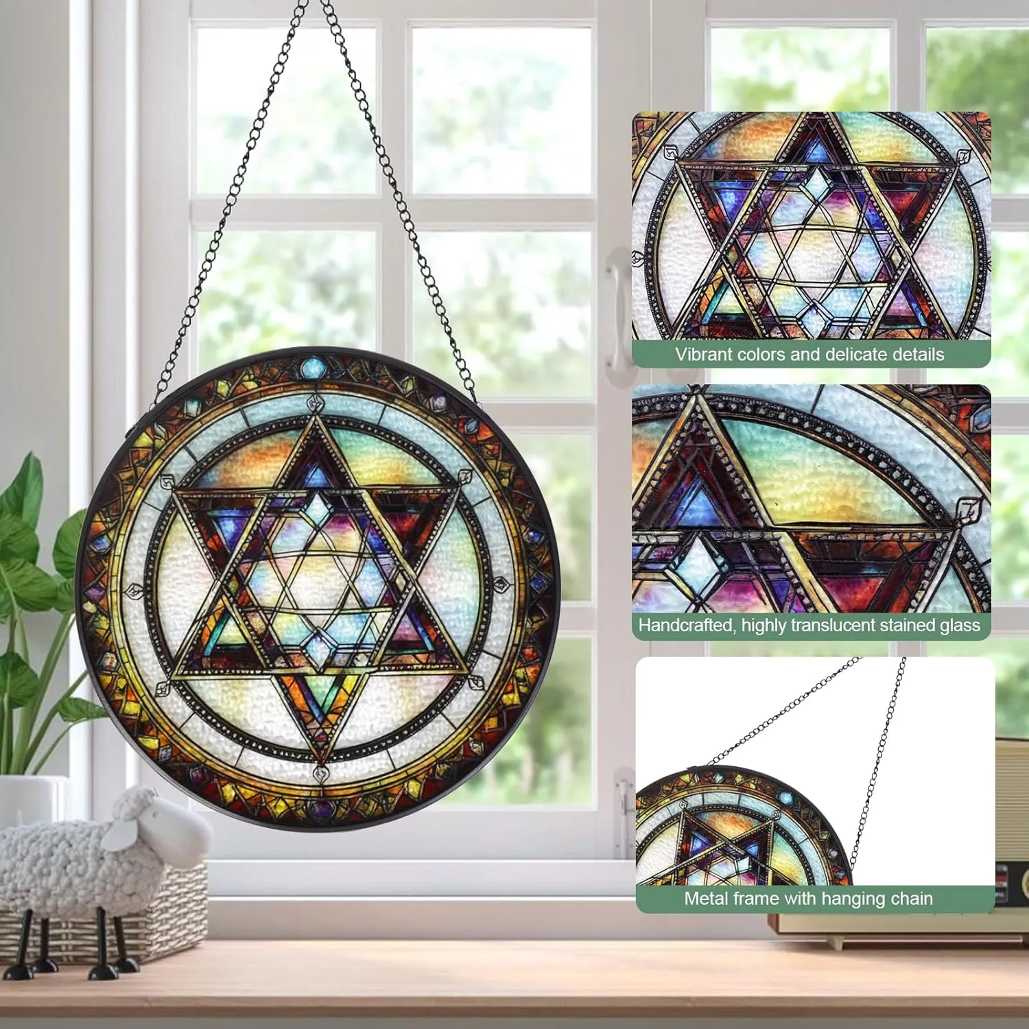 Star of David Handmade Stained Glass Window Hanging Suncatcher with Chain - 5.9" Outdoor/Indoor Art Decor for Home Garden, Wedding, Mother's, Valentine's & Christmas Ornaments Present