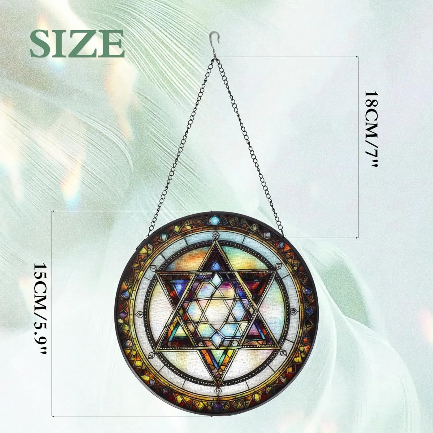 Star of David Handmade Stained Glass Window Hanging Suncatcher with Chain - 5.9" Outdoor/Indoor Art Decor for Home Garden, Wedding, Mother's, Valentine's & Christmas Ornaments Present