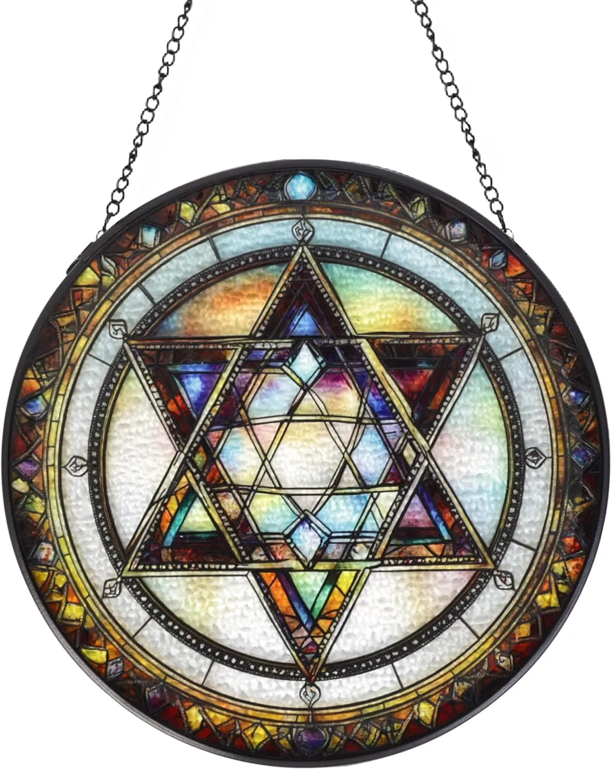 Star of David Handmade Stained Glass Window Hanging Suncatcher with Chain - 5.9" Outdoor/Indoor Art Decor for Home Garden, Wedding, Mother's, Valentine's & Christmas Ornaments Present
