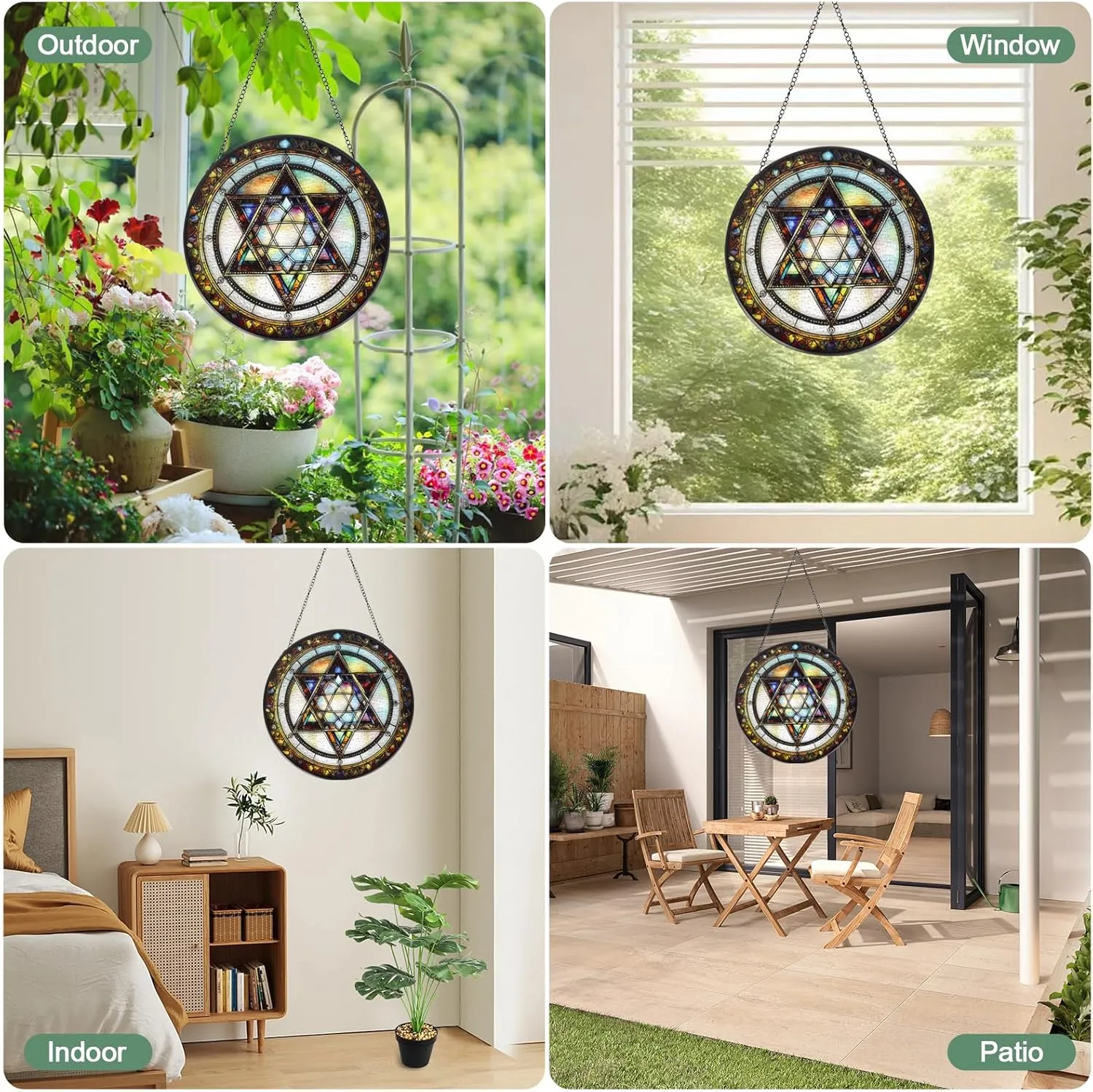 Star of David Handmade Stained Glass Window Hanging Suncatcher with Chain - 5.9" Outdoor/Indoor Art Decor for Home Garden, Wedding, Mother's, Valentine's & Christmas Ornaments Present