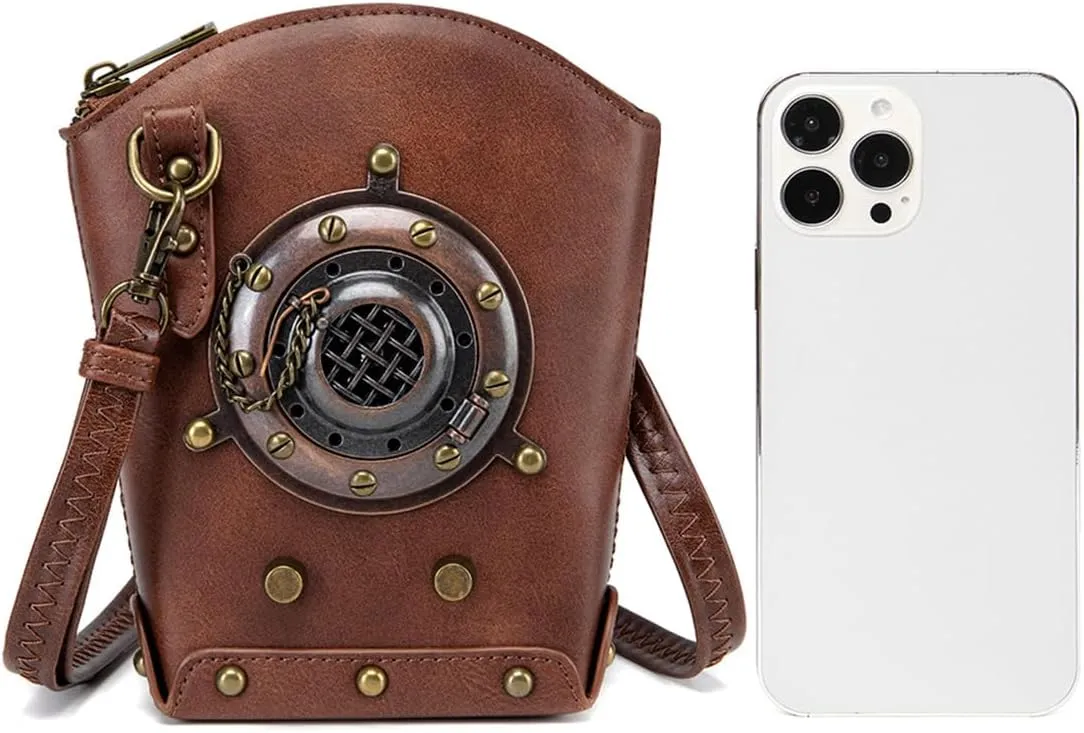 Steampunk Clock Design Crossbody Bag, Black Leather Mini Purse with Metal Gears, Gothic Chain Accent